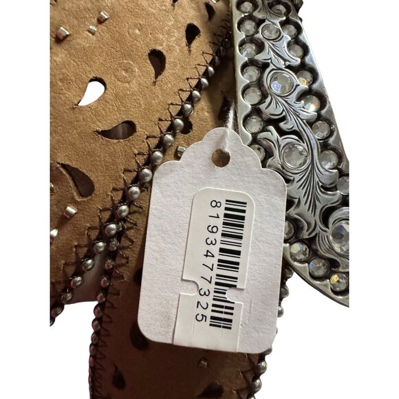 Justin Western Style Leather Belt With Silver Rhinestone Buckle & Floral Cutouts - Picture 4 of 10